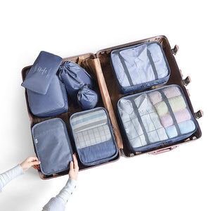 Gray Blue 8 Piece Travel Organizer Set Packing Bags For Clothes Shoes Underwear And Toiletries With Drawstring Zip Pouch