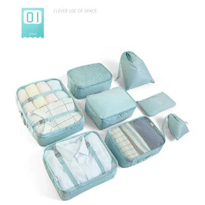 Gray Blue 8 Piece Travel Organizer Set Packing Bags For Clothes Shoes Underwear And Toiletries With Drawstring Zip Pouch