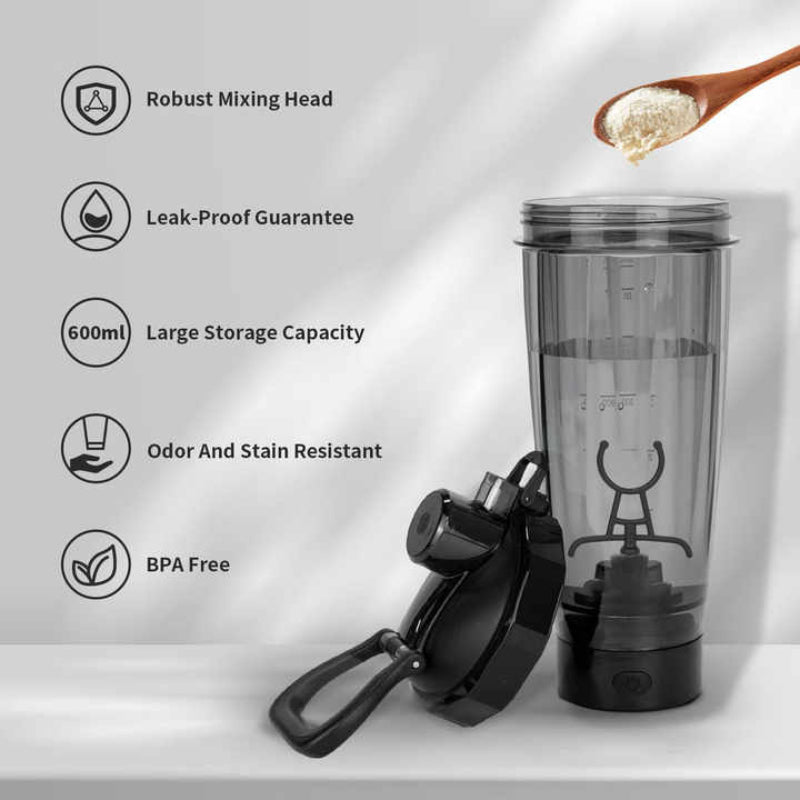 Black Portable Electric Shaker Bottle With Led Light 550Ml Sports Protein Mixer Cup For Gym And Travel