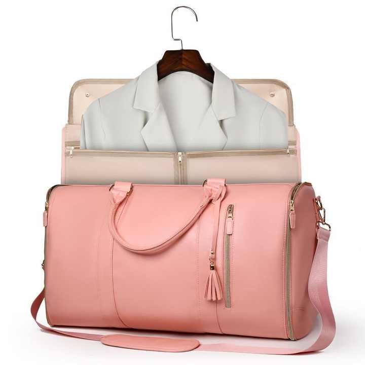 Pink Pu Leather Foldable Garment Bag Women's Travel Duffel With Suit Carrier Multi Function Storage