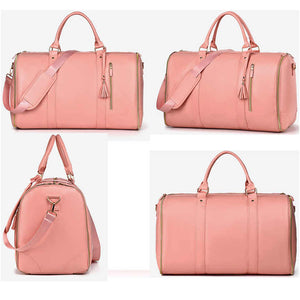 Pink Pu Leather Foldable Garment Bag Women's Travel Duffel With Suit Carrier Multi Function Storage