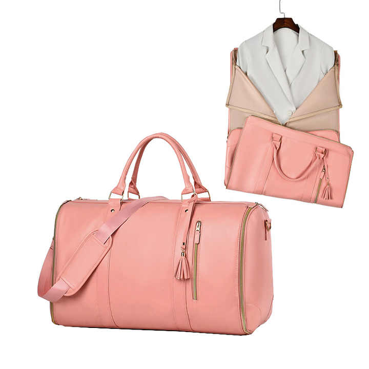 Pink Pu Leather Foldable Garment Bag Women's Travel Duffel With Suit Carrier Multi Function Storage