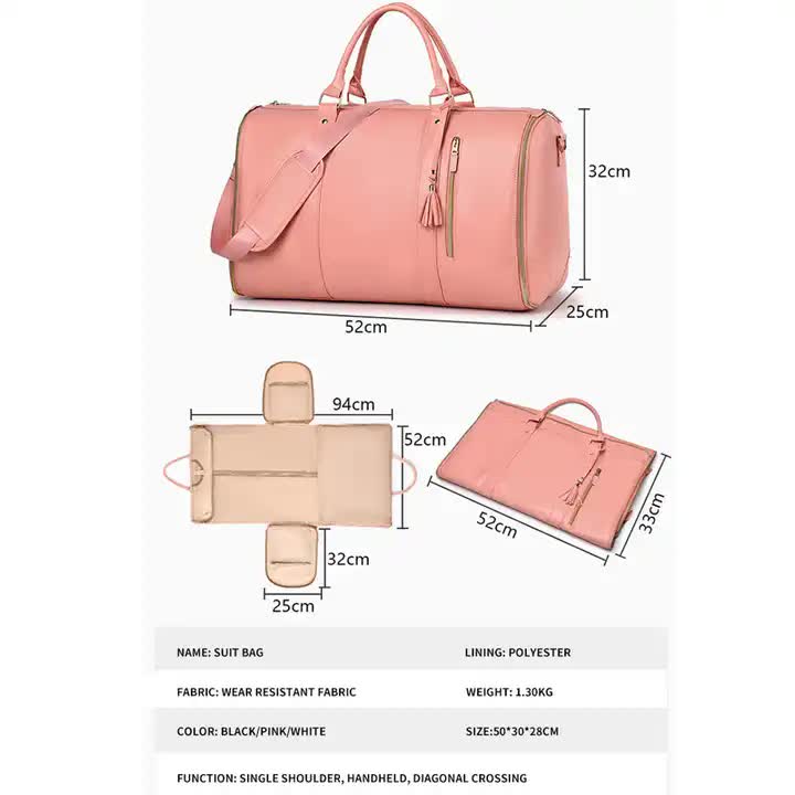 Pink Pu Leather Foldable Garment Bag Women's Travel Duffel With Suit Carrier Multi Function Storage