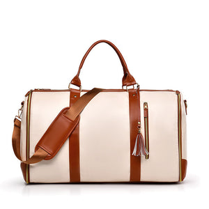 White And Brown Pu Leather Foldable Garment Bag Women's Travel Duffel With Suit Carrier Multi Function Storage