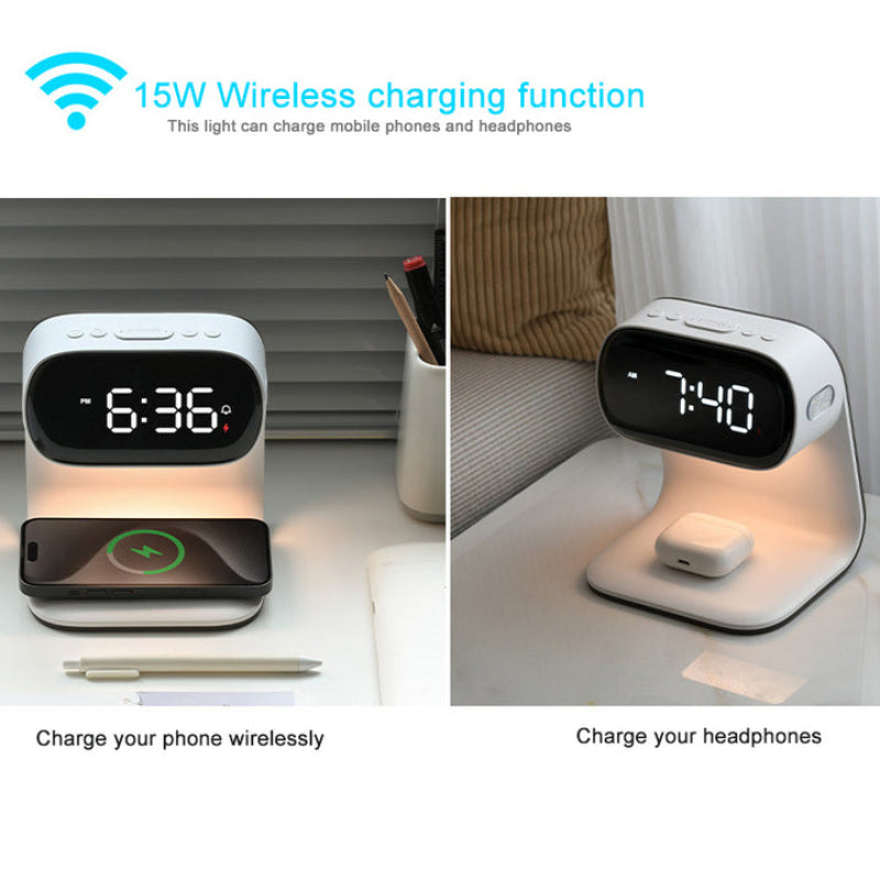 Smart Bedside Night Light With Alarm Clock & Wireless Charging Multifunctional Led Desk Lamp