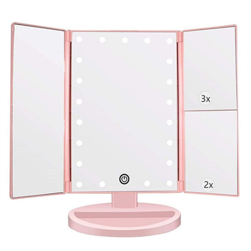 Pink Tri Fold Lighted Makeup Mirror 22 Led Vanity With 1X/2X/3X/10X Magnification Portable Cosmetic