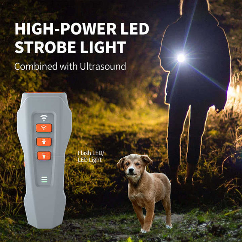 Grey And Orange Ultrasonic Dog Bark Control Device Rechargeable Trainer With Led Flashlight Portable Anti Barking Tool