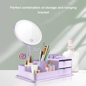 Purple Led Vanity Mirror With Storage Rotating Makeup Usb Rechargeable Desktop Organizer