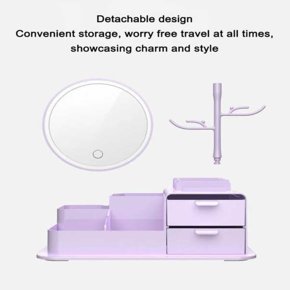 Purple Led Vanity Mirror With Storage Rotating Makeup Usb Rechargeable Desktop Organizer