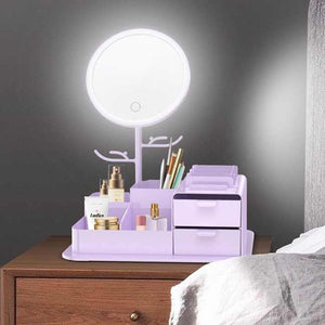 Purple Led Vanity Mirror With Storage Rotating Makeup Usb Rechargeable Desktop Organizer