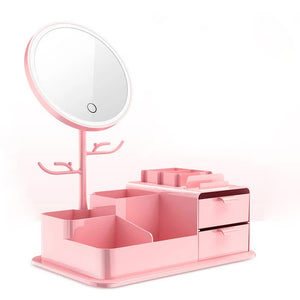 Pink Led Vanity Mirror With Storage Rotating Makeup Usb Rechargeable Desktop Organiser