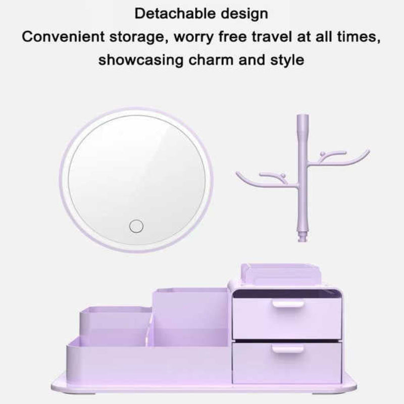 Pink Led Vanity Mirror With Storage Rotating Makeup Usb Rechargeable Desktop Organiser