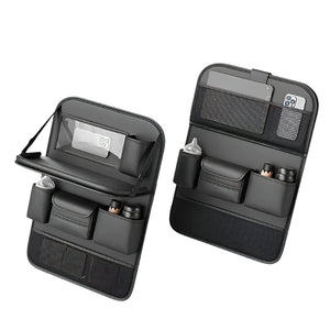 Black Car Seat Back Organizer With Foldable Tray Leather Backseat Storage Bag Multi Pocket Vehicle