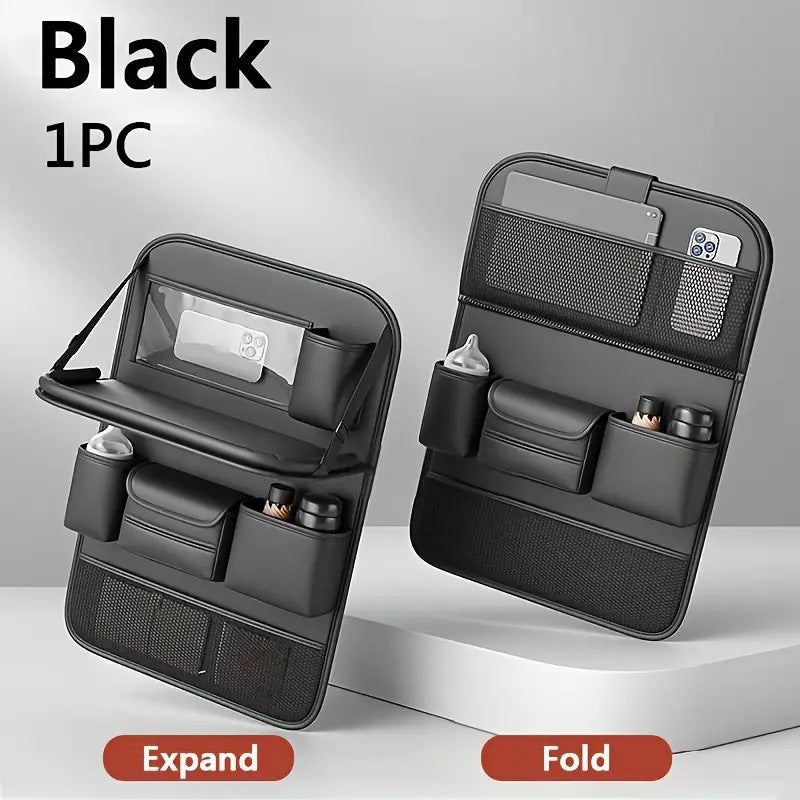 Black Car Seat Back Organizer With Foldable Tray Leather Backseat Storage Bag Multi Pocket Vehicle