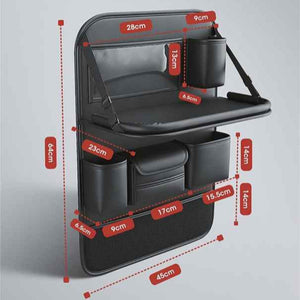 Black Car Seat Back Organizer With Foldable Tray Leather Backseat Storage Bag Multi Pocket Vehicle