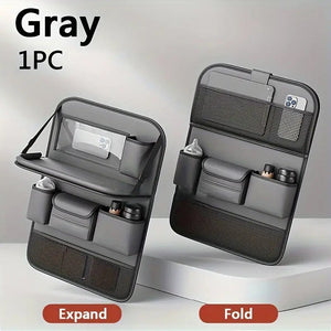 Grey Car Seat Back Organizer With Foldable Tray Leather Backseat Storage Bag Multi Pocket Vehicle