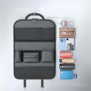 Grey Car Seat Back Organizer With Foldable Tray Leather Backseat Storage Bag Multi Pocket Vehicle