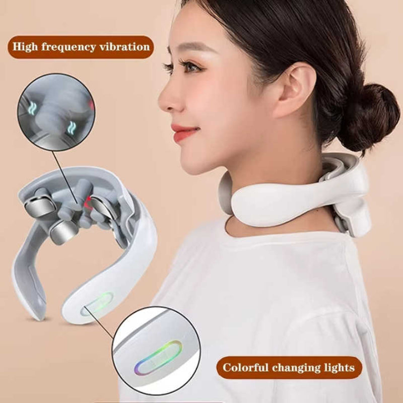 White Portable Electric Neck Massager Intelligent Pulse Therapy With Heat And 4 Heads