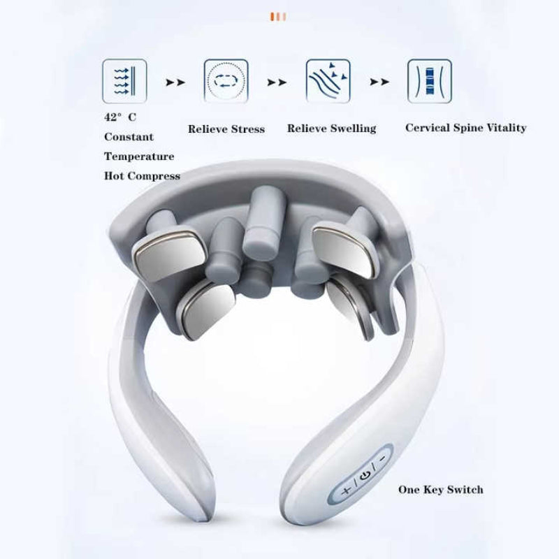 White Portable Electric Neck Massager Intelligent Pulse Therapy With Heat And 4 Heads