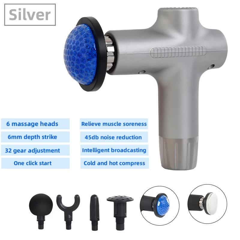 Silver Mini 4 Head Deep Tissue Massage Gun Portable Wireless Fascia For Muscle Relaxation With Cold & Heat Therapy Lcd D