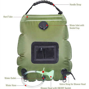 Green Portable Solar Camping Shower Bag Foldable 20L Outdoor Water Storage With Temperature Display For Easy Use