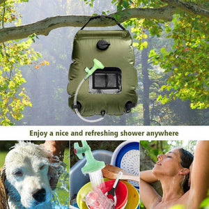 Green Portable Solar Camping Shower Bag Foldable 20L Outdoor Water Storage With Temperature Display For Easy Use