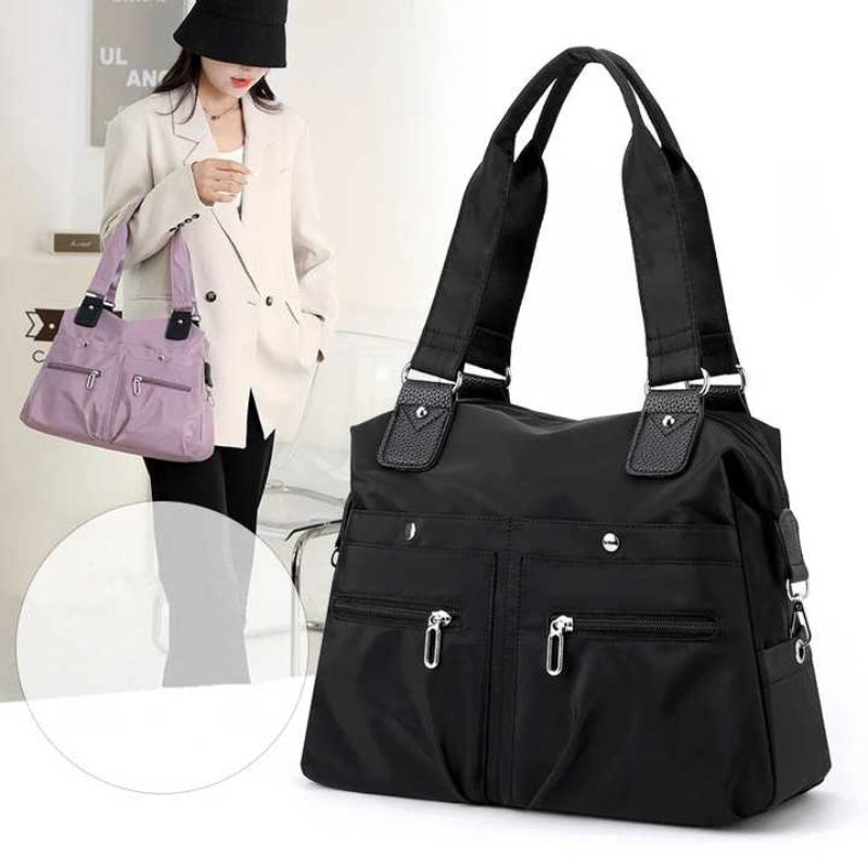 Black Stylish Nylon Large Capacity Tote Bag For Work And Commute Multi Pocket Shoulder Fashionable Canvas