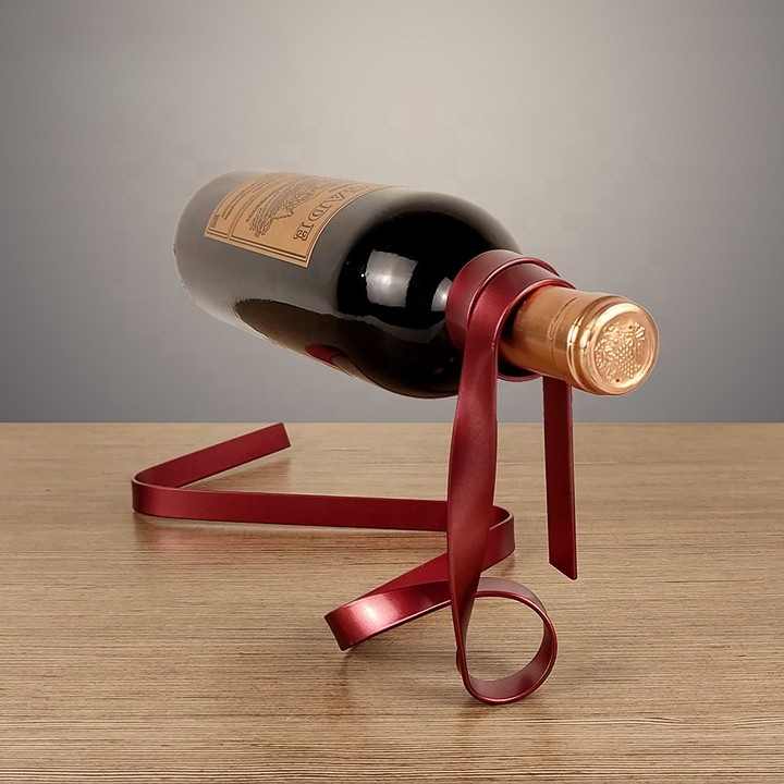 Red Modern Ribbon Wine Bottle Holder Creative Floating Rack For Home And Bar Decor