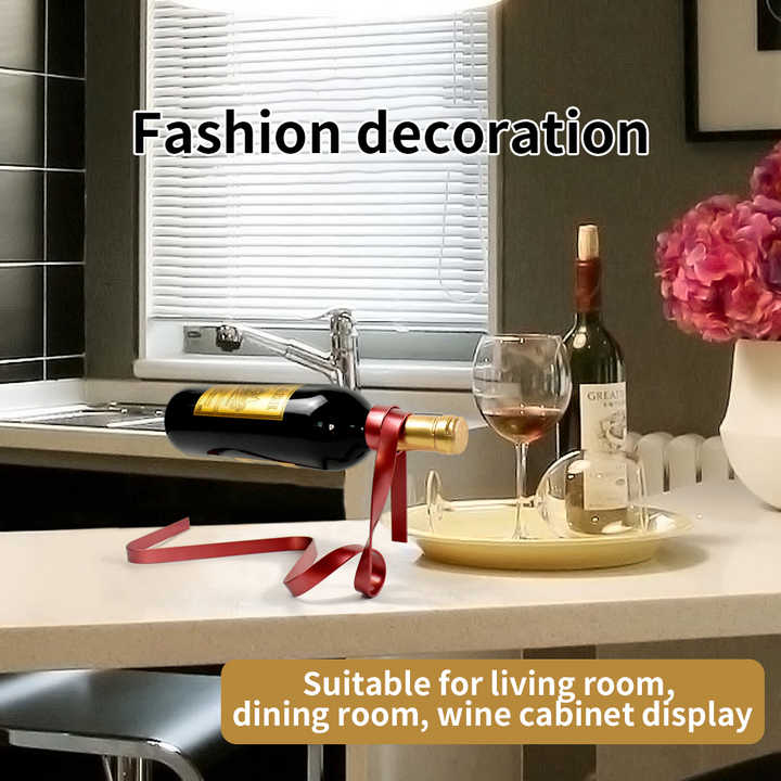 Red Modern Ribbon Wine Bottle Holder Creative Floating Rack For Home And Bar Decor