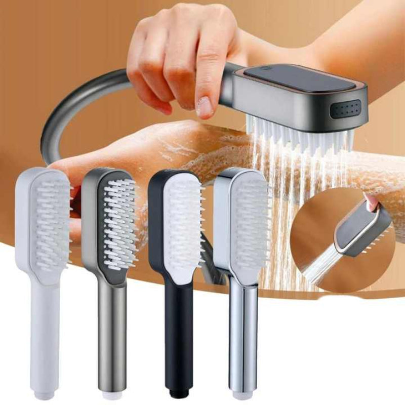 Silver Handheld Shower Head With Silicone Brush And Massage Function High Pressure Water Spray