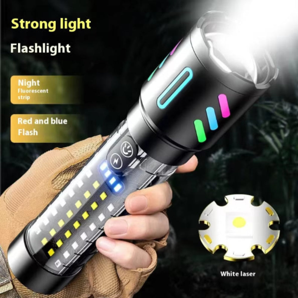 Elosung Led Rechargeable Laser Flashlight Multifunctional Type C Strong Light Torch With Adjustable Zoom