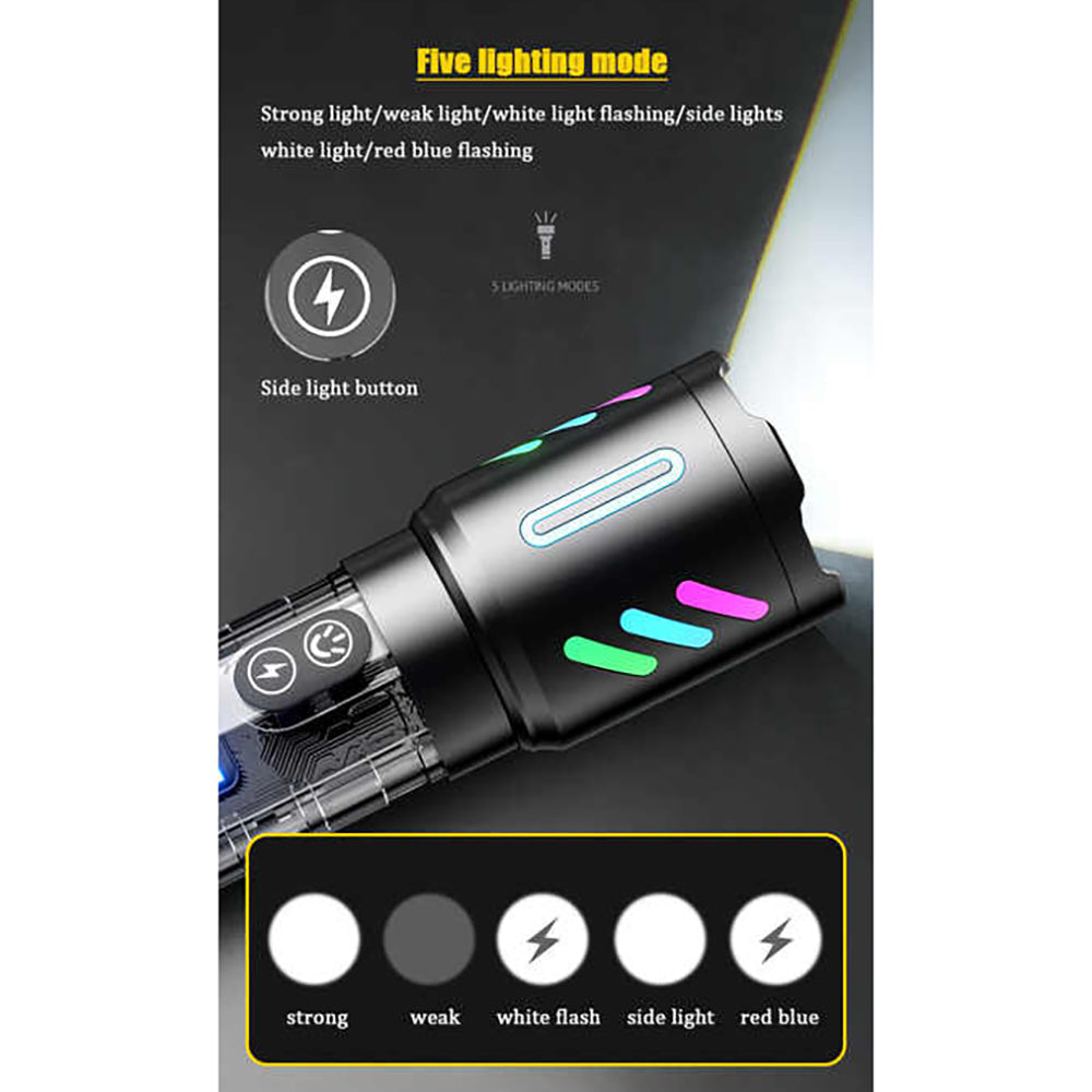 Elosung Led Rechargeable Laser Flashlight Multifunctional Type C Strong Light Torch With Adjustable Zoom