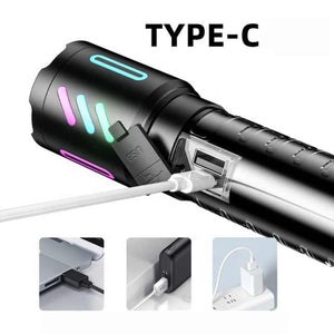 Elosung Led Rechargeable Laser Flashlight Multifunctional Type C Strong Light Torch With Adjustable Zoom