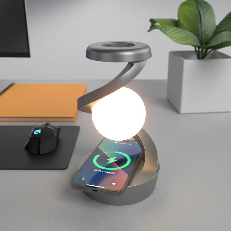 Black 360A Rotating Floating Night Light Wireless Charging Table Lamp 7 Colour Rgb Atmosphere Usb Rechargeable For Bedro