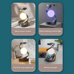 Black 360A Rotating Floating Night Light Wireless Charging Table Lamp 7 Colour Rgb Atmosphere Usb Rechargeable For Bedro