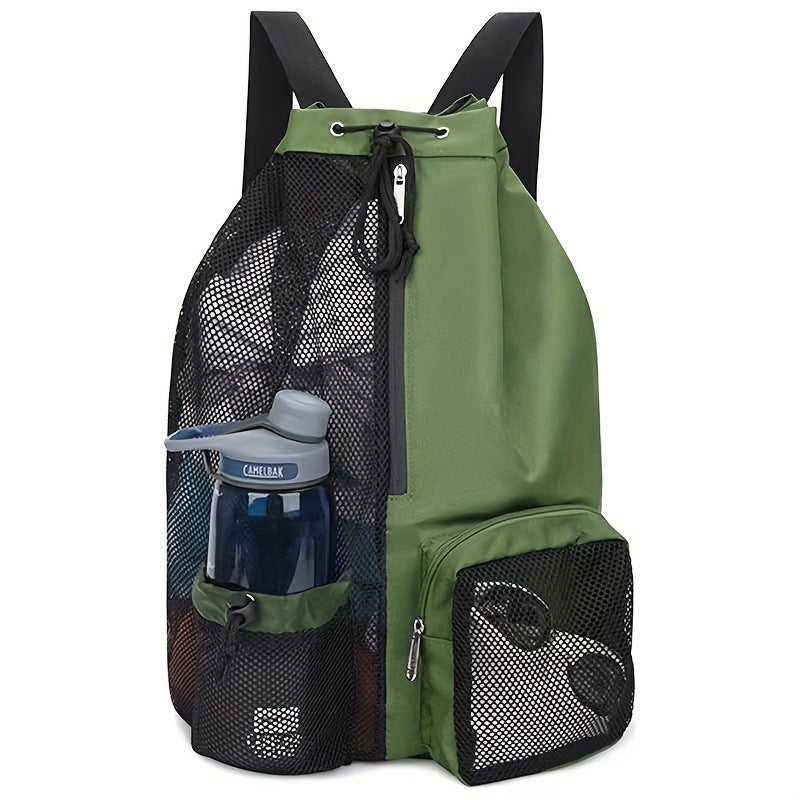 Green Mesh Drawstring Swim Backpack With Wet Pocket Lightweight Beach Gym Outdoor Sports Bag 245G