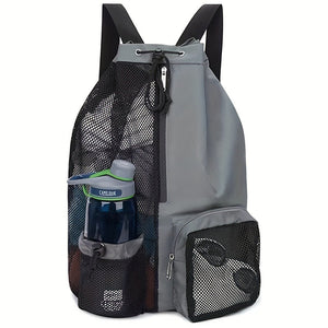 Grey Mesh Drawstring Swim Backpack With Wet Pocket Lightweight Beach Gym Outdoor Sports Bag 245G