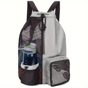 Light Grey Mesh Drawstring Swim Backpack With Wet Pocket Lightweight Beach Gym Outdoor Sports Bag 245G