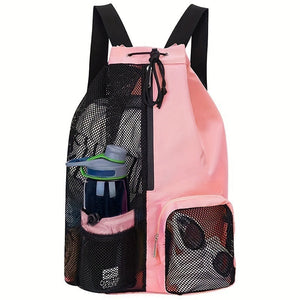 Pink Mesh Drawstring Swim Backpack With Wet Pocket Lightweight Beach Gym Outdoor Sports Bag 245G