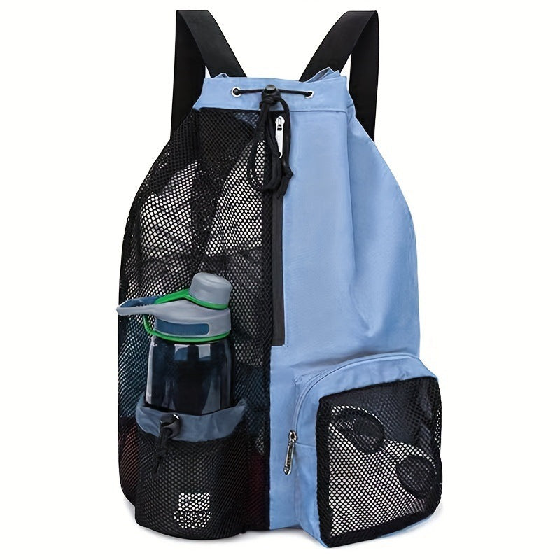 Blue Mesh Drawstring Swim Backpack With Wet Pocket Lightweight Beach Gym Outdoor Sports Bag 245G