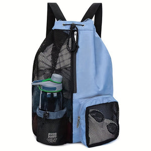 Blue Mesh Drawstring Swim Backpack With Wet Pocket Lightweight Beach Gym Outdoor Sports Bag 245G