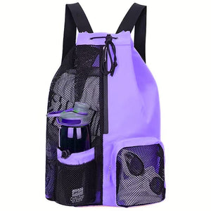 Purple Mesh Drawstring Swim Backpack With Wet Pocket Lightweight Beach Gym Outdoor Sports Bag 245G