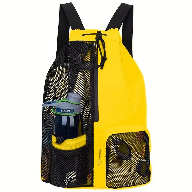 Yellow Mesh Drawstring Swim Backpack With Wet Pocket Lightweight Beach Gym Outdoor Sports Bag 245G