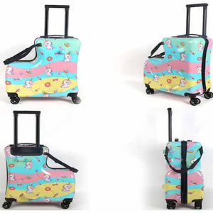 Colorful Kids Ride On Luggage A 20 Inch Cartoon Travel Suitcase With Footrest Durable Rolling Carry For Children