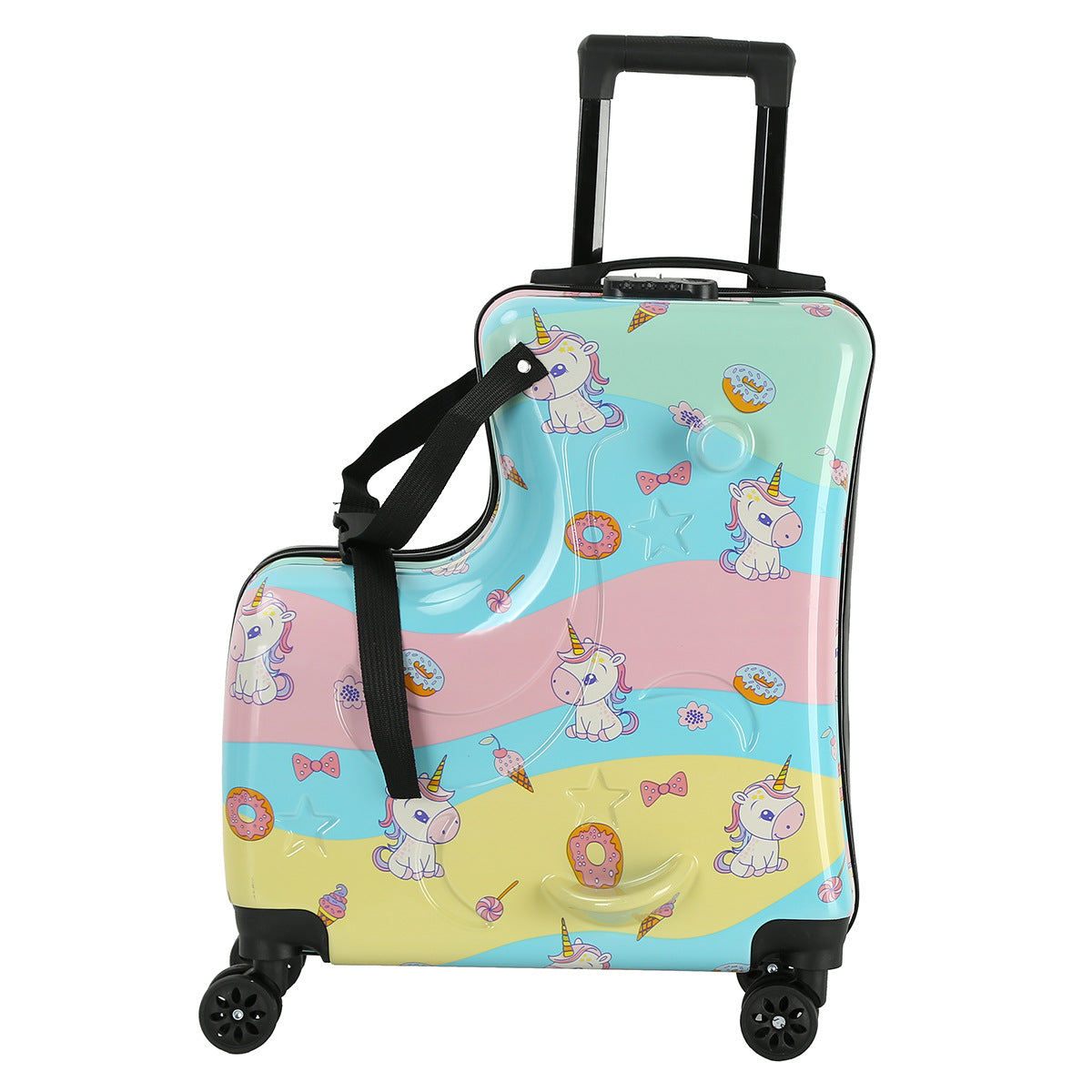 Colorful Kids Ride On Luggage A 20 Inch Cartoon Travel Suitcase With Footrest Durable Rolling Carry For Children