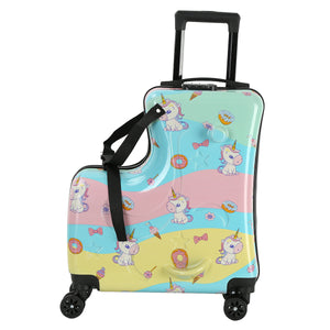 Blue Kids Ride On Luggage 20 Inch Cartoon Travel Suitcase With Footrest Durable Rolling Carry For Children