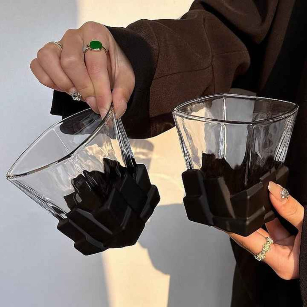 4 Pcs Black Frosted Ice Cube Glass Creative Whiskey Premium Textured Tumbler 300Ml Capacity For Home Bars