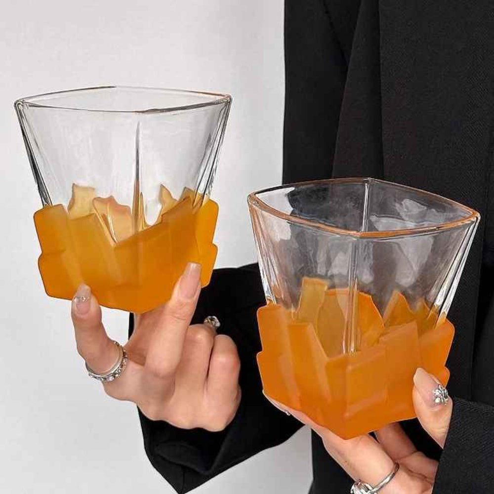 4 Pcs Orange Frosted Ice Cube Glass Creative Whiskey Premium Textured Tumbler 300Ml Capacity For Home Bars