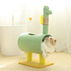 Green Dinosaur Theme Cat Tree With Tunnel Multi Functional Scratching Post And Playhouse