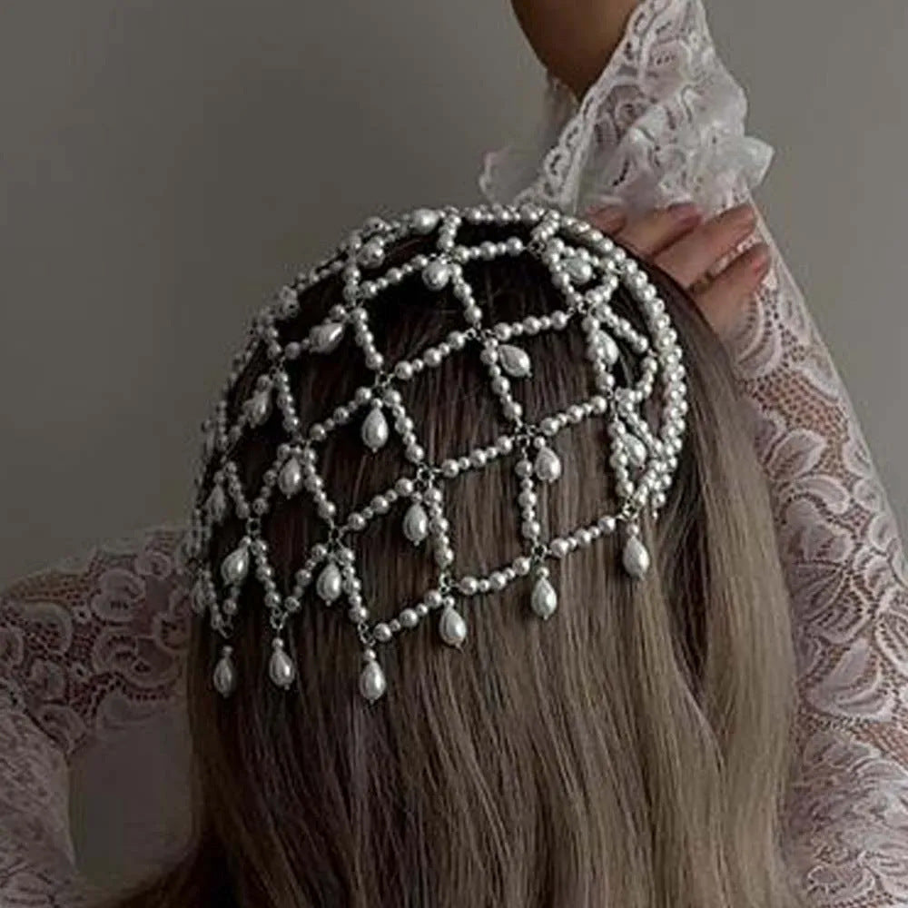 Silver Bohemian Pearl Net Headband A Vintage Mesh Hair Accessory For Women | Elegant Faux Bridal Hairpiece